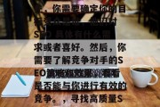 SEO网站优化外包哪家？这篇文章将为你提供一些参考和建议。首先，你需要确定你的目标受众是谁，他们对 SEO 具体有什么需求或者喜好。然后，你需要了解竞争对手的SEO策略和效果，看看是否能与你进行有效的竞争。，寻找高质量SEO网站优化服务，明确目标受众，了解竞争对手及提升SEO效果，确定目标受众、分析竞争对手及提升SEO效果，找高质量SEO网站优化服务