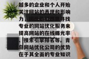 青岛网站优化公司是一个不容忽视的领域。随着互联网的发展，越来越多的企业和个人开始关注网站的表现和影响力，因此他们愿意寻找专业的网站优化服务来提高网站的在线曝光率、搜索引擎排名等。青岛网站优化公司的优势在于其全面的专业知识和服务理念。，青岛网站优化，专业视角助您在线展示强大影响力，青岛网站优化公司，专业视角助力品牌在线提升影响力！