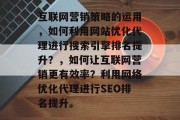 互联网营销策略的运用，如何利用网站优化代理进行搜索引擎排名提升？，如何让互联网营销更有效率？利用网络优化代理进行SEO排名提升。，网络优化代理如何提升网站搜索引擎排名?