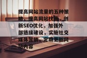 提高网站流量的五种策略，提高网站权重，创新SEO优化，加强外部链接建设，实施社交媒体营销，定期更新网站内容，提升网站流量五步法，优化网站权重和外链建立，社交媒体营销与内容更新。