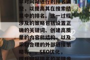 SEO优化，是搜索引擎对网站进行的排名调整，以提高其在搜索结果中的排名。这一过程涉及的策略包括设置正确的关键词、创建高质量的内容和结构、以及采取合理的外部链接策略等。，SEO优化，提升网站排名的关键步骤