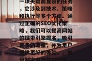 SEO网站优化推广是一项关键而复杂的任务，它涉及到技术、策略和执行等多个方面。通过正确的SEO优化策略，我们可以提高网站的搜索引擎排名，吸引更多的流量，并为用户提供更好的体验。，如何制定有效的SEO优化策略？，SEO优化，策略制定与执行指南