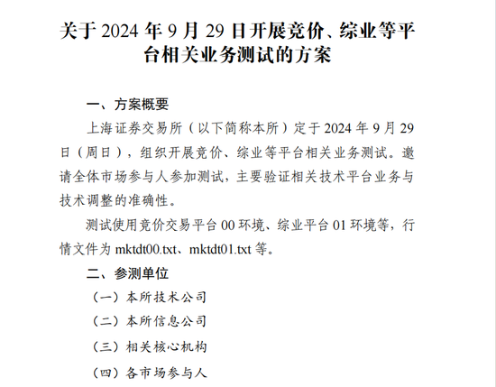 周日，上交所全网测试！划重点：集中申报大量订单时，验证竞价处理平稳运行