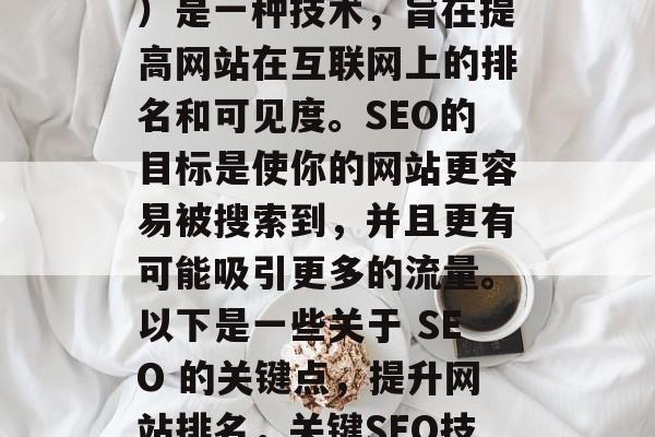 SEO（搜索引擎优化）是一种技术，旨在提高网站在互联网上的排名和可见度。SEO的目标是使你的网站更容易被搜索到，并且更有可能吸引更多的流量。以下是一些关于 SEO 的关键点，提升网站排名，关键SEO技巧及策略