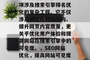 SEO网站优化，是一项涉及搜索引擎排名优化的复杂工程。它不仅涉及到优化网站结构、提升网页内容质量，更关乎优化用户体验和提高网站在搜索引擎中的可见度。，SEO网站优化，提高网站可见度的关键