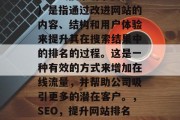 SEO（搜索引擎优化）是指通过改进网站的内容、结构和用户体验来提升其在搜索结果中的排名的过程。这是一种有效的方式来增加在线流量，并帮助公司吸引更多的潜在客户。，SEO，提升网站排名的有效途径