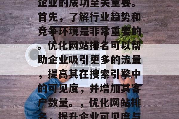 优化网站排名对于一个企业的成功至关重要。首先，了解行业趋势和竞争环境是非常重要的。优化网站排名可以帮助企业吸引更多的流量，提高其在搜索引擎中的可见度，并增加其客户数量。，优化网站排名，提升企业可见度与流量的关键。