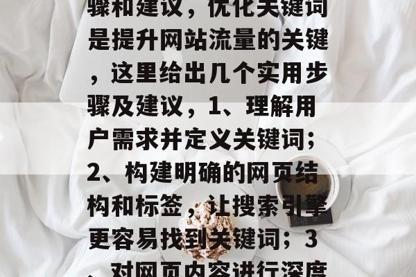 优化网站关键字的重要性不容忽视。以下是优化网站关键字的几个步骤和建议，优化关键词是提升网站流量的关键，这里给出几个实用步骤及建议，1、理解用户需求并定义关键词；2、构建明确的网页结构和标签，让搜索引擎更容易找到关键词；3、对网页内容进行深度分析，以确定关键词的重要性以及其与目标网站的位置。